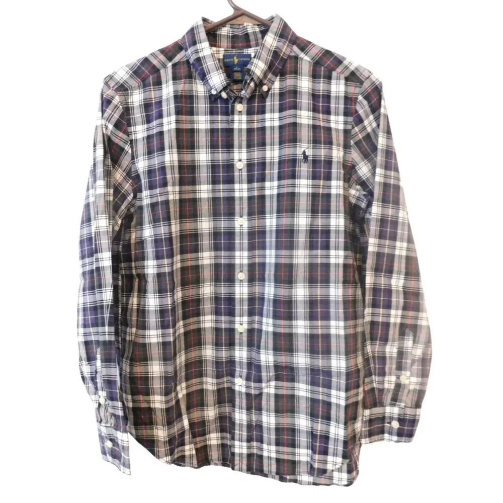 Ralph Lauren Boys Size L 14 16 Plaid Button Down Shirt Embroidered Logo